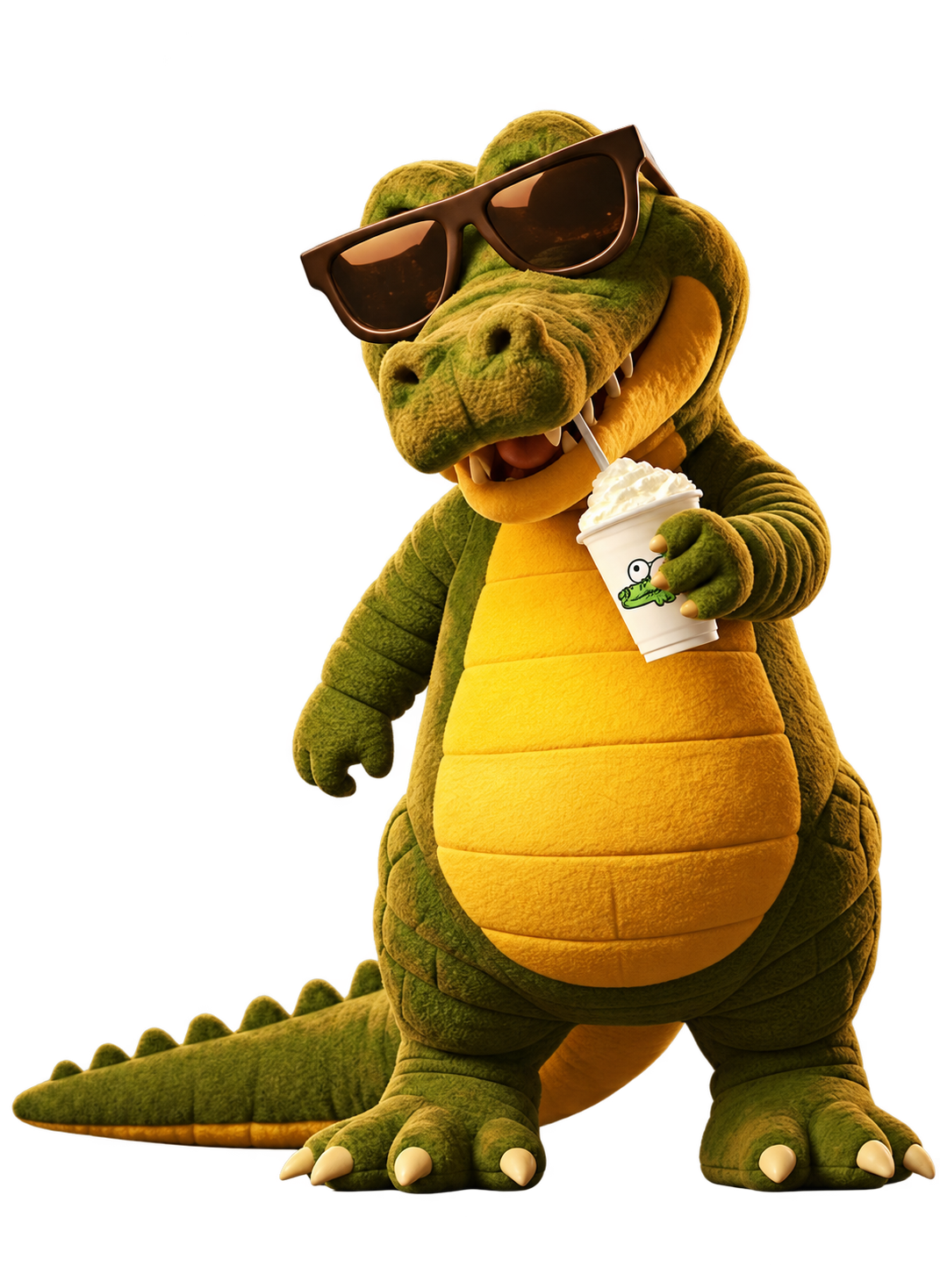 La mascota de Busher Cocdril’s con lentes de sol y una bebida